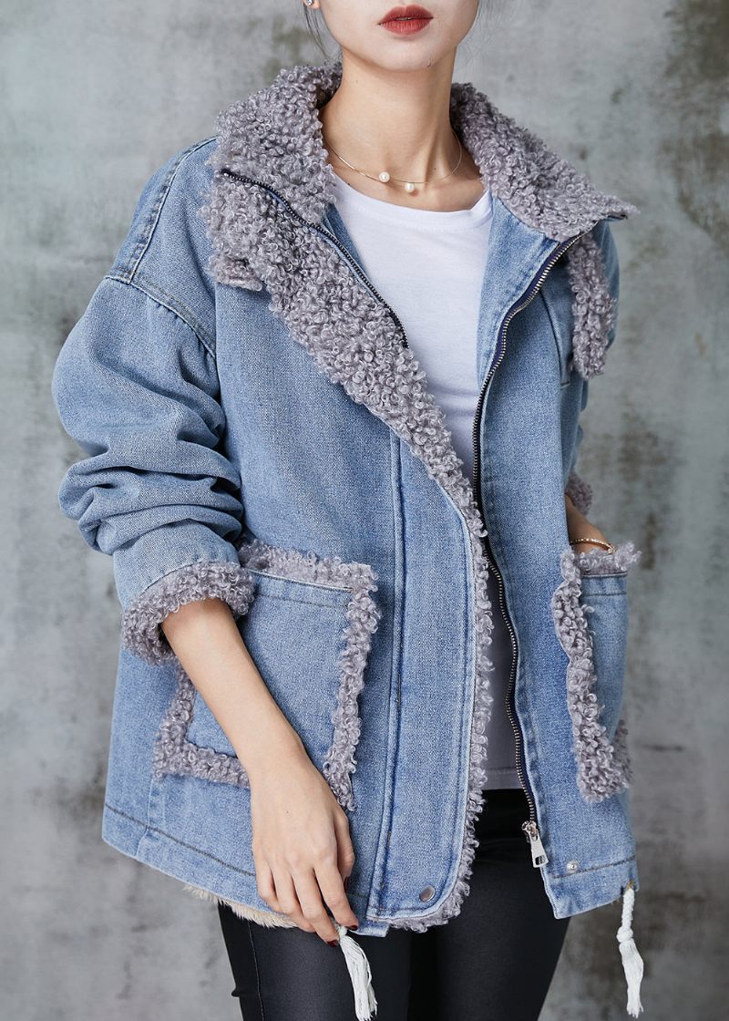 Denim Blå Patchwork Fleece Uld Foret Frakke Oversized Vinter - Dame vinterfrakker