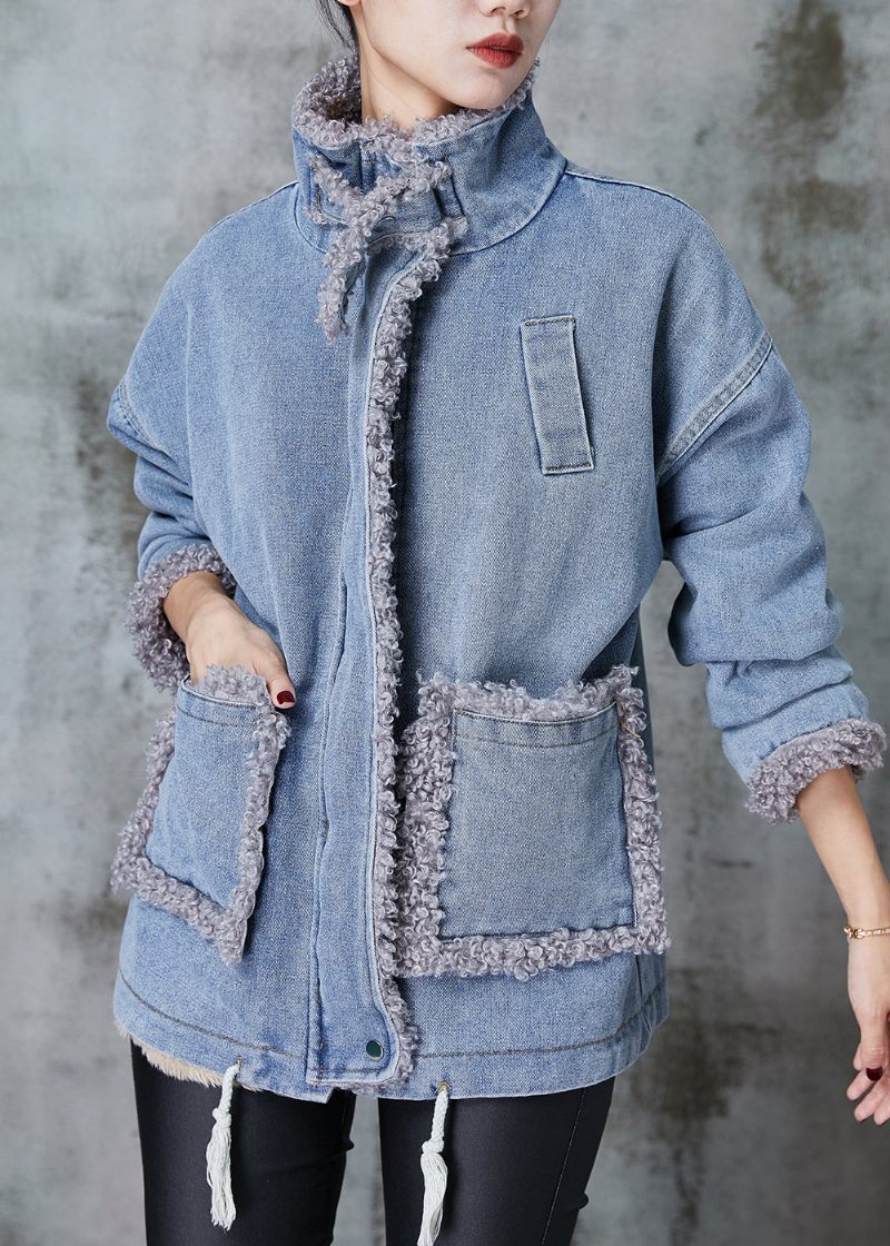 Denim Blå Patchwork Fleece Uld Foret Frakke Oversized Vinter - Dame vinterfrakker