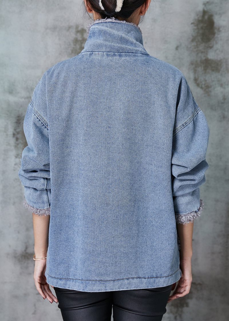 Denim Blå Patchwork Fleece Uld Foret Frakke Oversized Vinter - Dame vinterfrakker