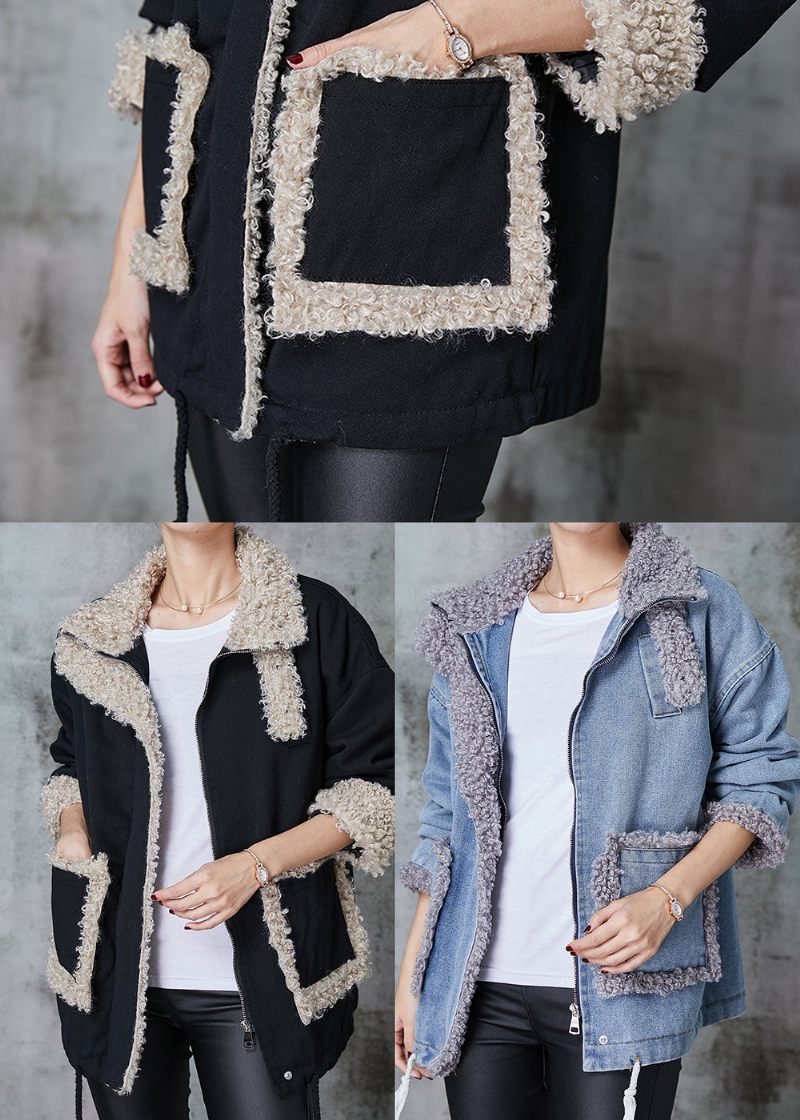 Denim Blå Patchwork Fleece Uld Foret Frakke Oversized Vinter - Dame vinterfrakker