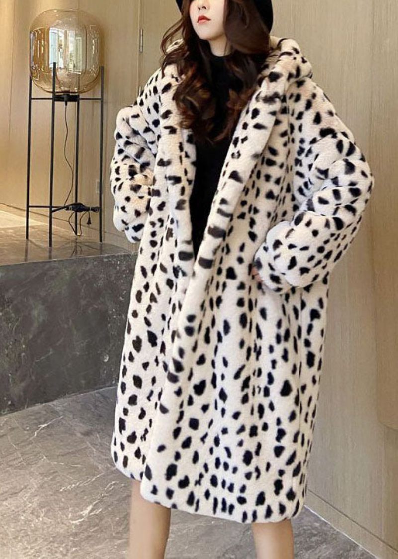 Diy Beige Hætte Leopard Print Fuzzy Fur Fluffy Coat Vinter - Dame vinterfrakker