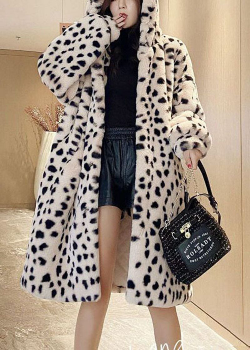 Diy Beige Hætte Leopard Print Fuzzy Fur Fluffy Coat Vinter - Dame vinterfrakker