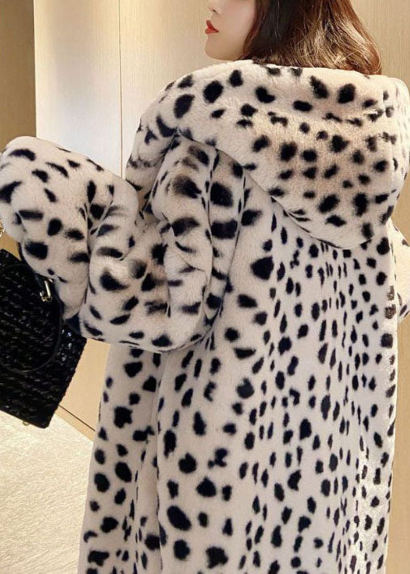 Diy Beige Hætte Leopard Print Fuzzy Fur Fluffy Coat Vinter - Dame vinterfrakker