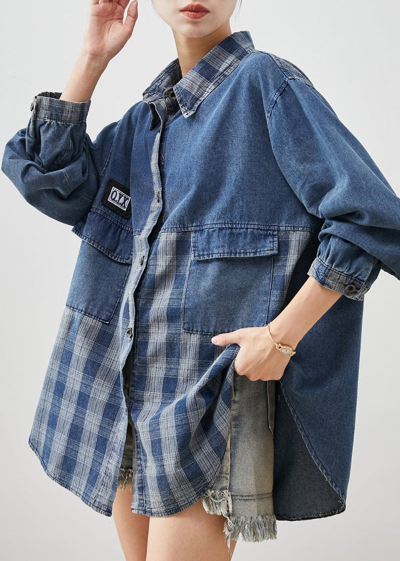 Diy Blå Oversized Patchwork Plaid Denim Frakker Forår