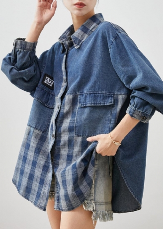 Diy Blå Oversized Patchwork Plaid Denim Frakker Forår