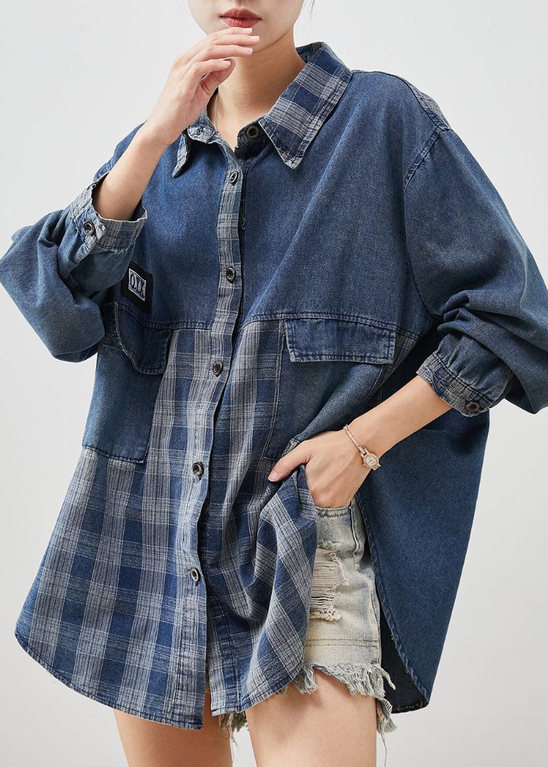 Diy Blå Oversized Patchwork Plaid Denim Frakker Forår - Dame vinterfrakker