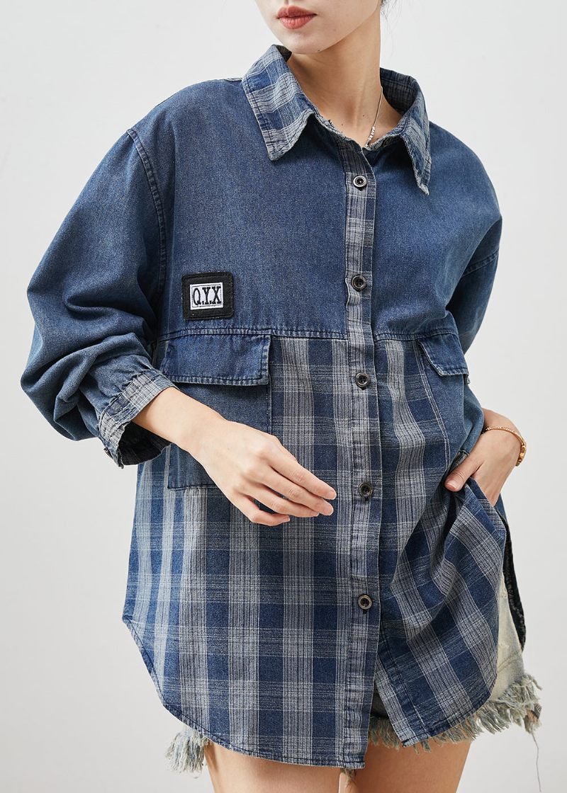 Diy Blå Oversized Patchwork Plaid Denim Frakker Forår - Dame vinterfrakker