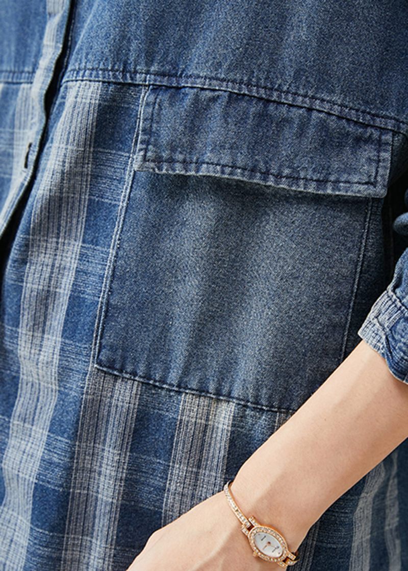 Diy Blå Oversized Patchwork Plaid Denim Frakker Forår - Dame vinterfrakker