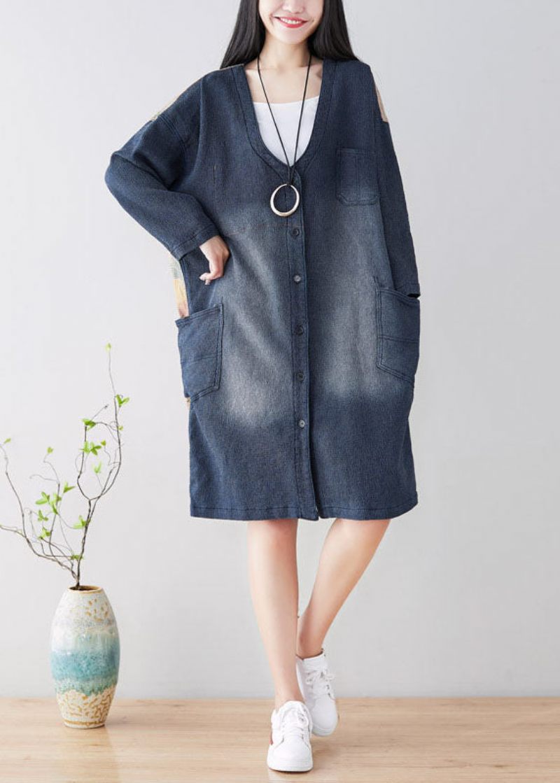 Diy Blue V-hals Patchwork Trenchcoats Forår