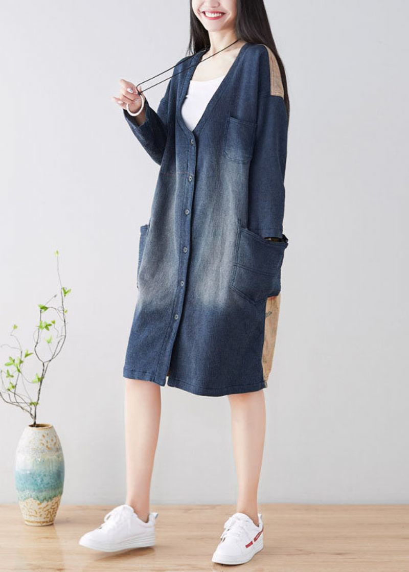 Diy Blue V-hals Patchwork Trenchcoats Forår - Blå