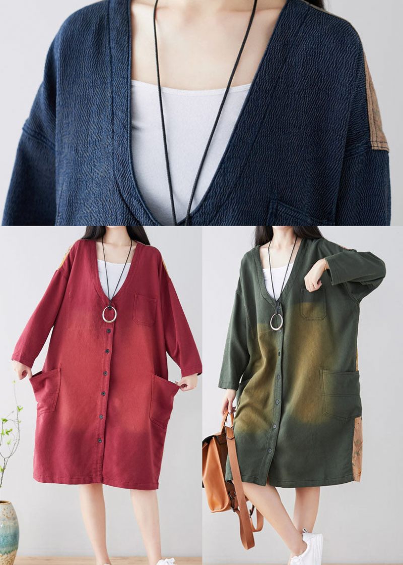 Diy Blue V-hals Patchwork Trenchcoats Forår - Blå