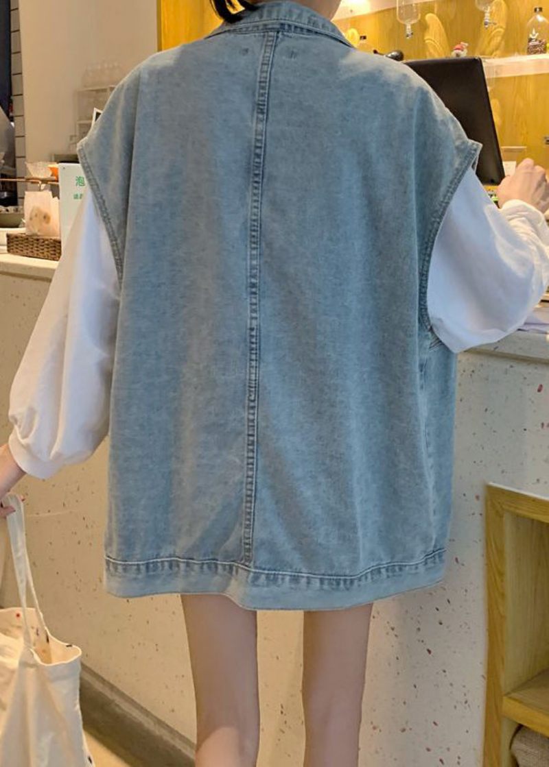 Diy Denim Blå Peter Pan Kravelommer Patchwork Vest Ærmeløs - Dame vinterfrakker