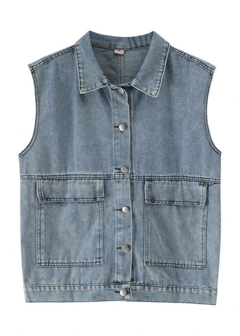 Diy Denim Blå Peter Pan Kravelommer Patchwork Vest Ærmeløs - Dame vinterfrakker