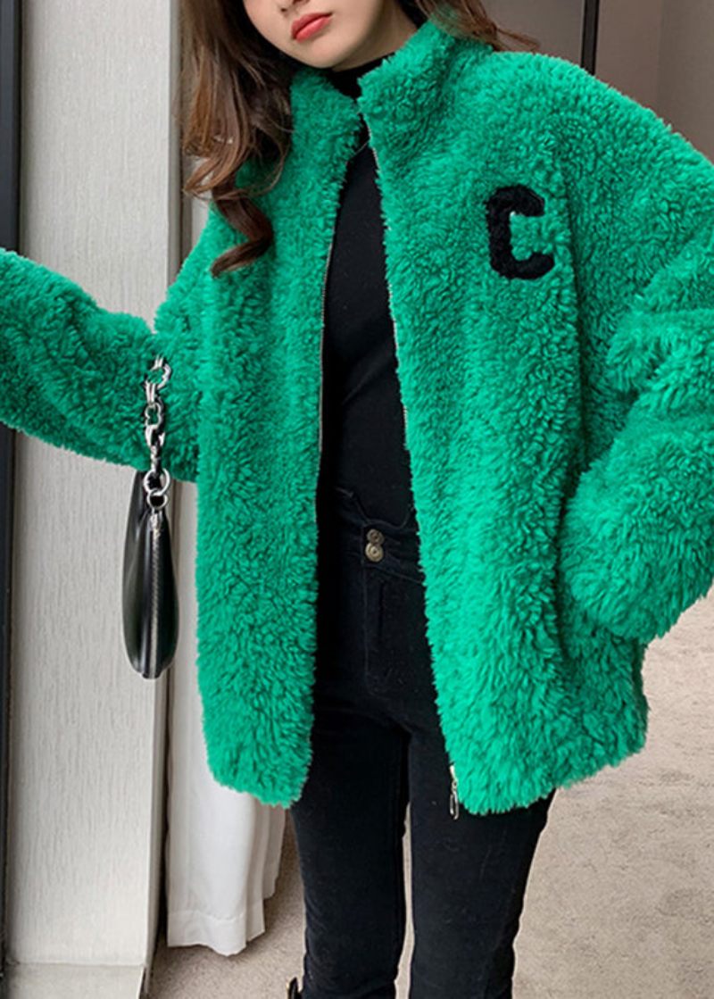 Diy Grøn Stand Krave Lynlås Hyggelig Faux Fur Coat Langærmet - Dame vinterfrakker