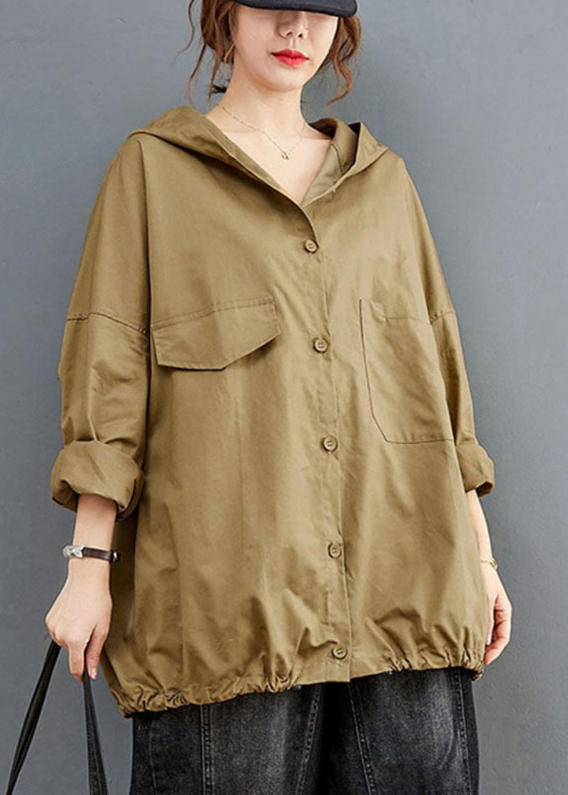 Diy Khaki Button Lommer Loose Fall Langærmet Frakke - Dame vinterfrakker