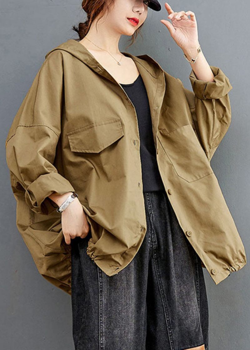 Diy Khaki Button Lommer Loose Fall Langærmet Frakke - Dame vinterfrakker