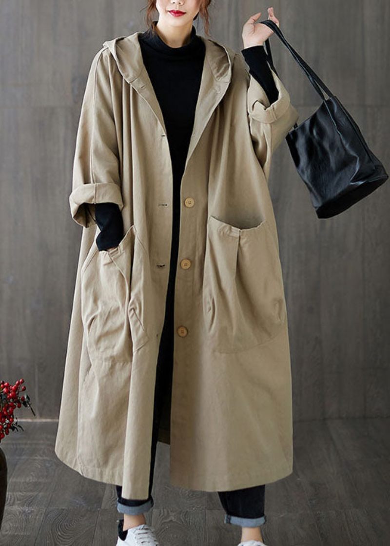 Diy Khaki Hooded Lommer Bomuld Coat Spring - Dame vinterfrakker