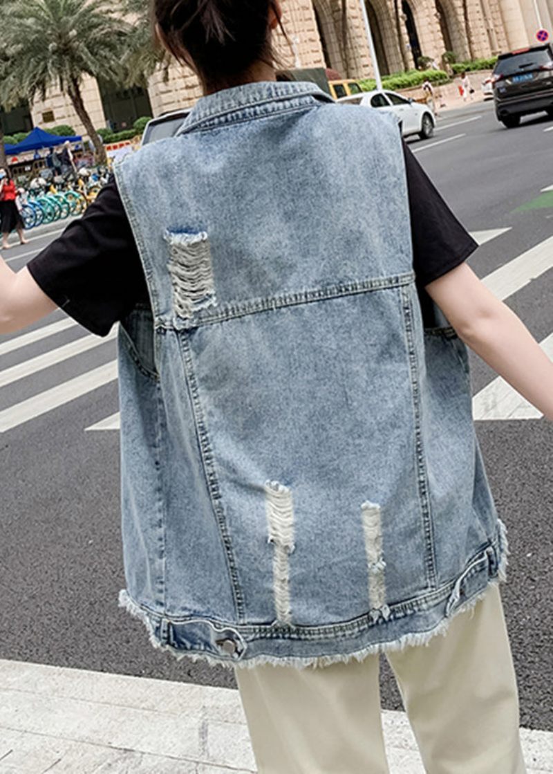 Diy Lyseblå Peter Pan Krave Denim Vest Ærmeløs - Lyseblå