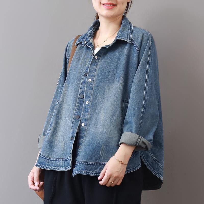 Efterår Nye Casual Denim Blå Bomuld Korte Frakker Plus Størrelse Revers Krave Vilde Toppe Frakke - Dame vinterfrakker