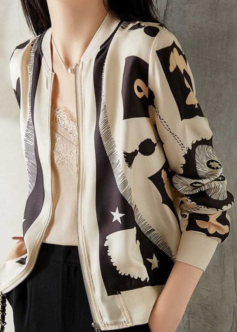 Elegant Beige V-hals Lynlås Patchwork Print Silk Coat Spring