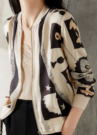 Elegant Beige V-hals Lynlås Patchwork Print Silk Coat Spring