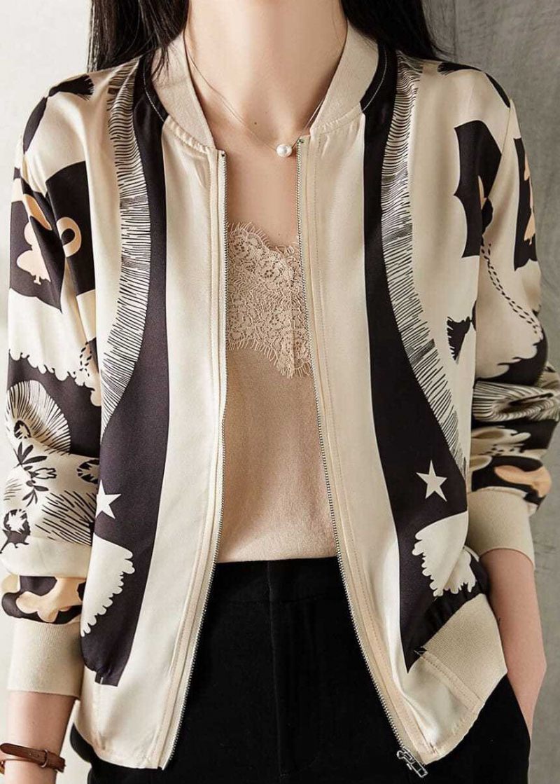 Elegant Beige V-hals Lynlås Patchwork Print Silk Coat Spring - Dame vinterfrakker