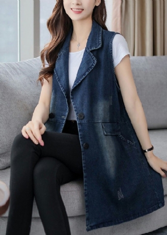 Elegant Blå Kærv Patchwork Knap Denim Vest Efterår