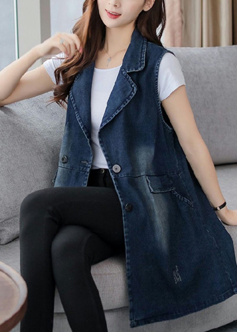 Elegant Blå Kærv Patchwork Knap Denim Vest Efterår - Dame vinterfrakker