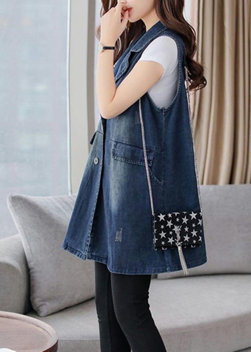 Elegant Blå Kærv Patchwork Knap Denim Vest Efterår - Dame vinterfrakker