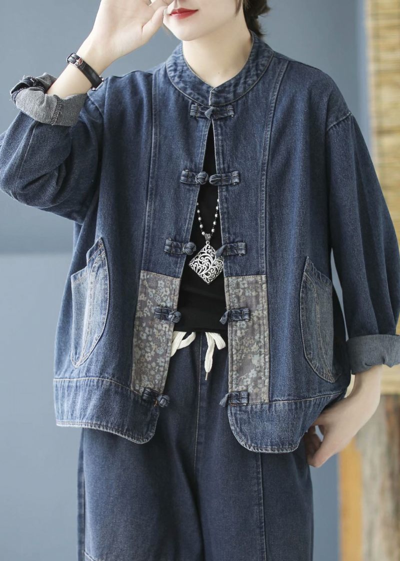 Elegant Blå Lommer Knap Patchwork Efterår Denim Langærmet Frakke