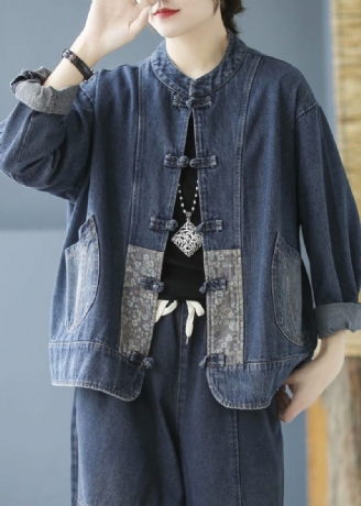 Elegant Blå Lommer Knap Patchwork Efterår Denim Langærmet Frakke