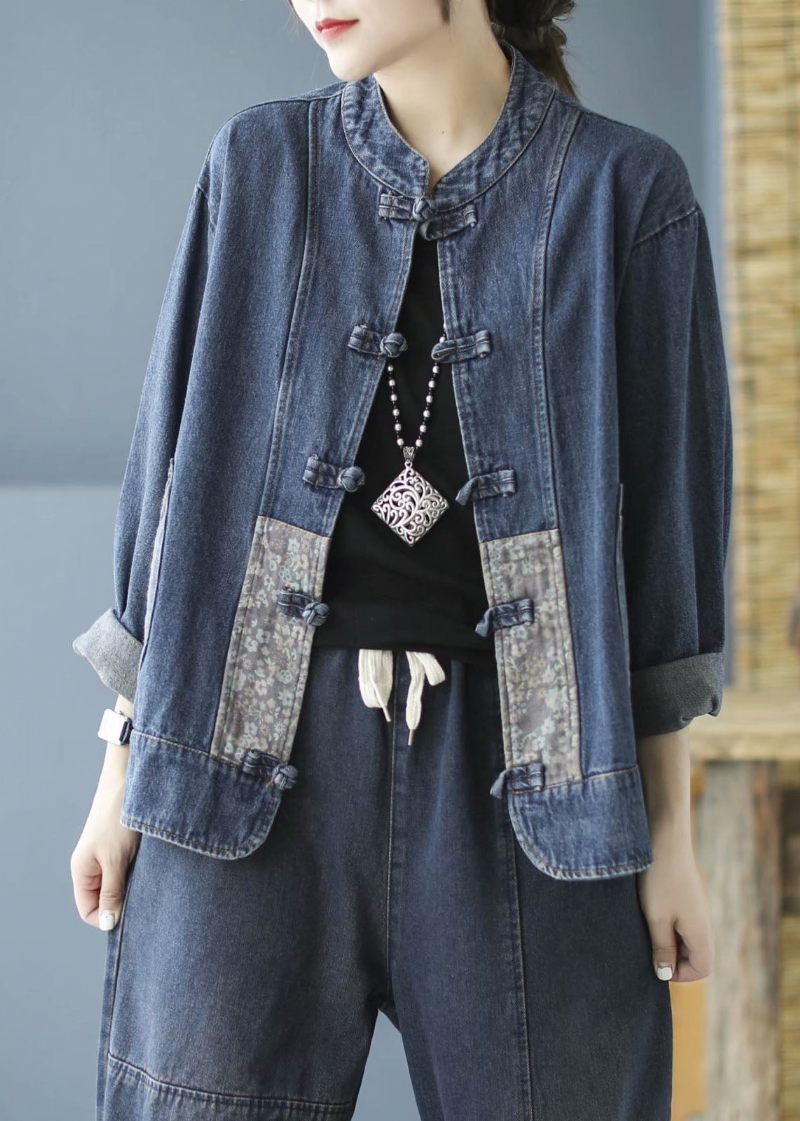 Elegant Blå Lommer Knap Patchwork Efterår Denim Langærmet Frakke - Blå