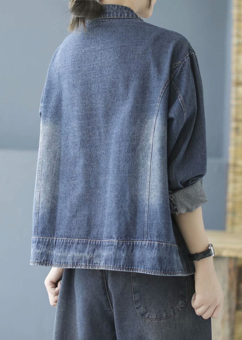 Elegant Blå Lommer Knap Patchwork Efterår Denim Langærmet Frakke - Blå