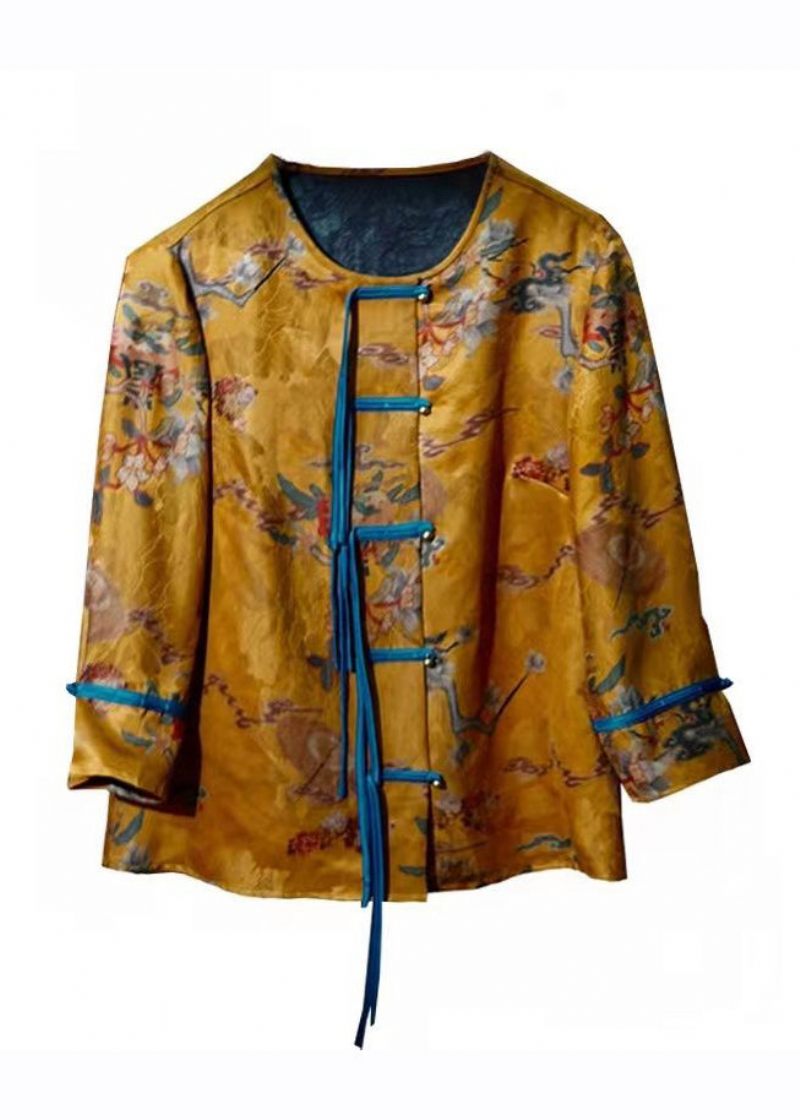 Elegant Gold Print Button Silk Coats Armbåndsærme - Dame vinterfrakker