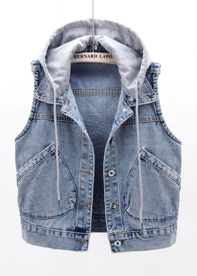 Elegant Lyseblå Patchworklommer Denimvest Med Hætte Uden Ærmer