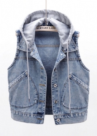 Elegant Lyseblå Patchworklommer Denimvest Med Hætte Uden Ærmer