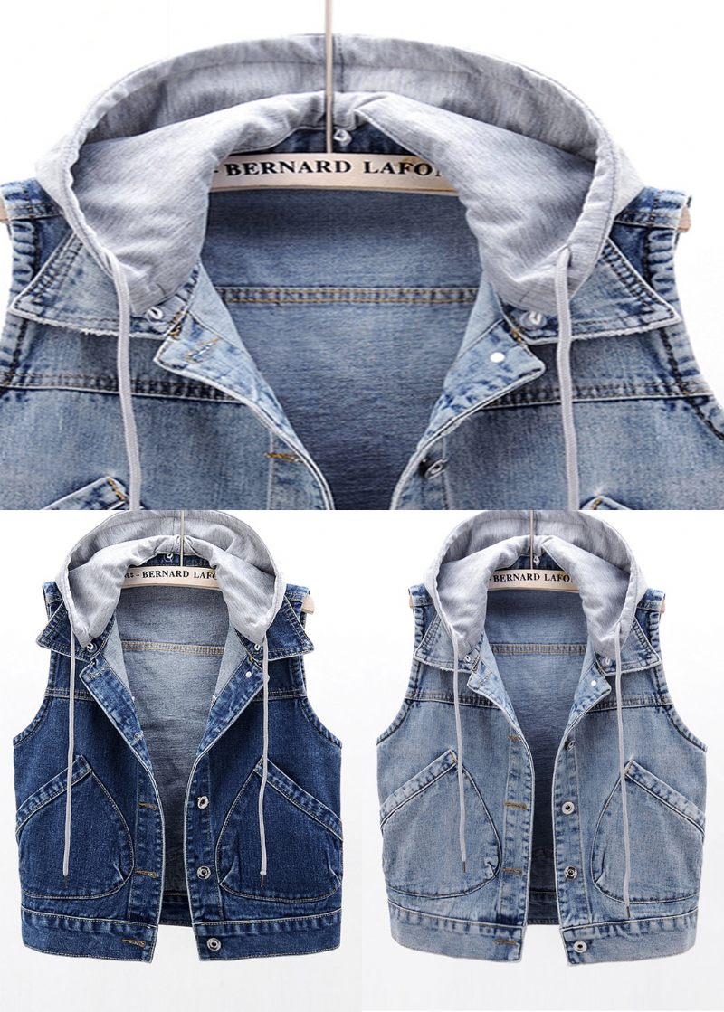 Elegant Lyseblå Patchworklommer Denimvest Med Hætte Uden Ærmer - Lyseblå