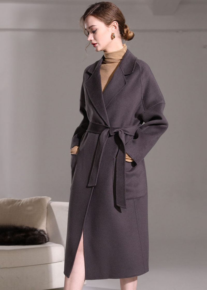 Elegant Mørk Lilla Peter Pan Kravelommer Woolen Wrap Coat Vinter - Mørk Lilla