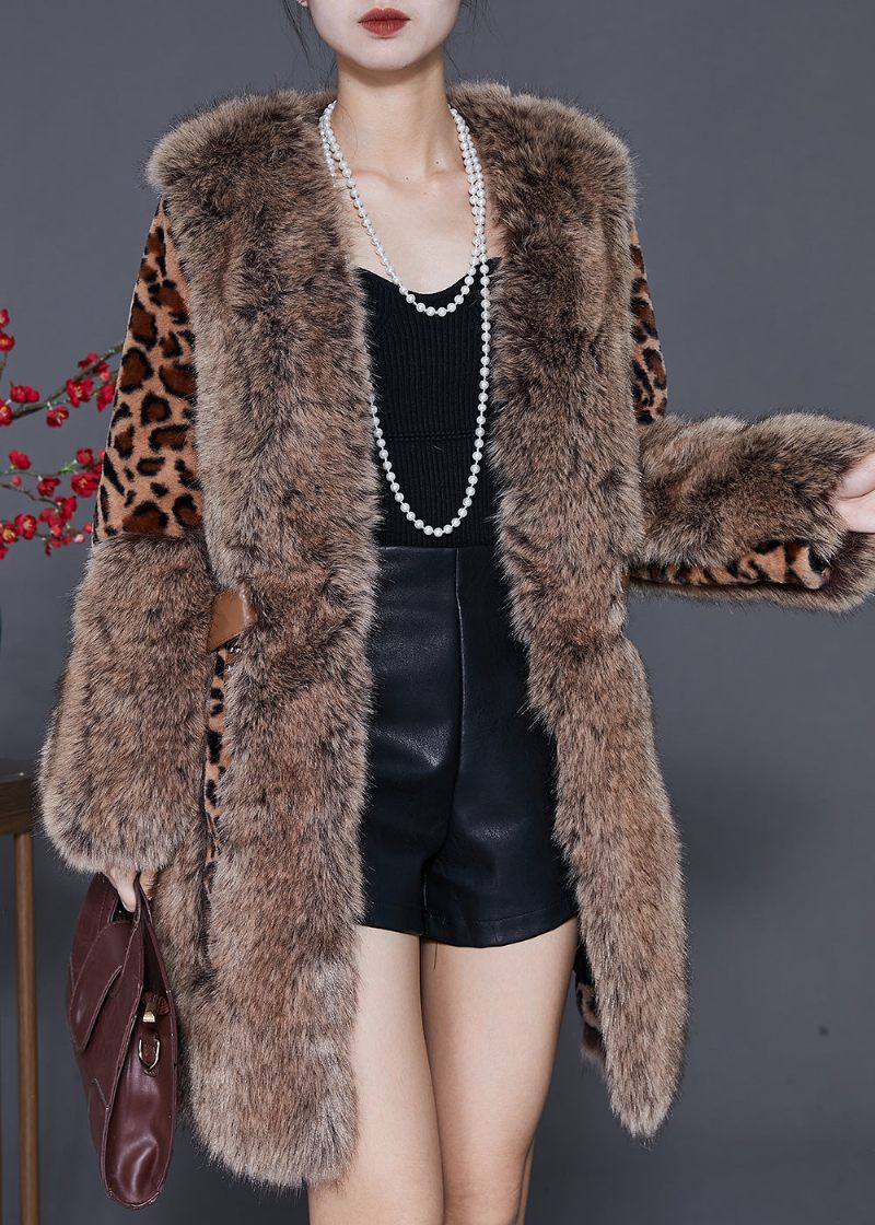 Elegant Pelskrave Patchwork Leopard Mink Velvet Coat Vinter