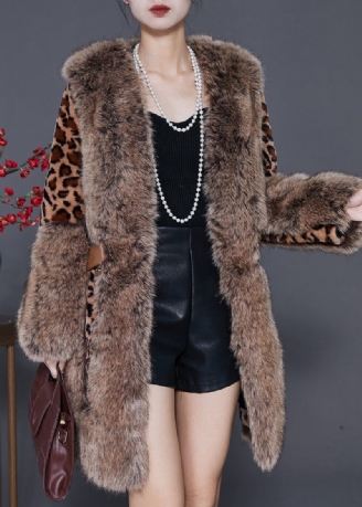 Elegant Pelskrave Patchwork Leopard Mink Velvet Coat Vinter