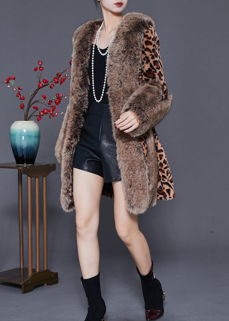 Elegant Pelskrave Patchwork Leopard Mink Velvet Coat Vinter - Dame vinterfrakker