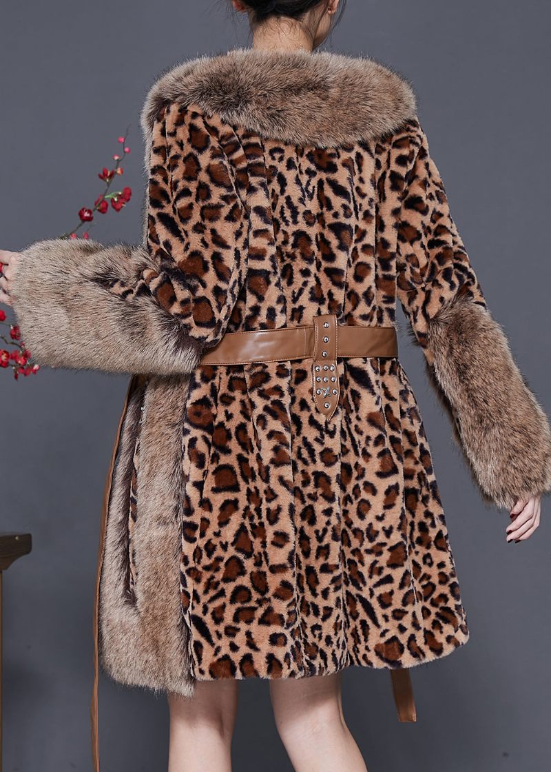 Elegant Pelskrave Patchwork Leopard Mink Velvet Coat Vinter - Dame vinterfrakker