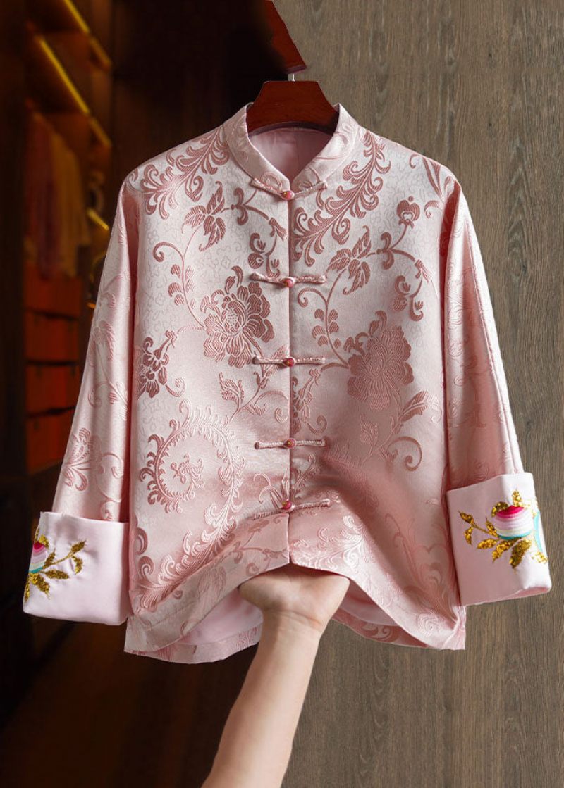 Elegant Pink Stand Krave Broderet Silke Coat Langærmet