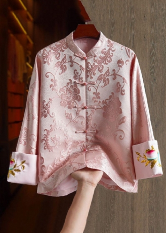 Elegant Pink Stand Krave Broderet Silke Coat Langærmet