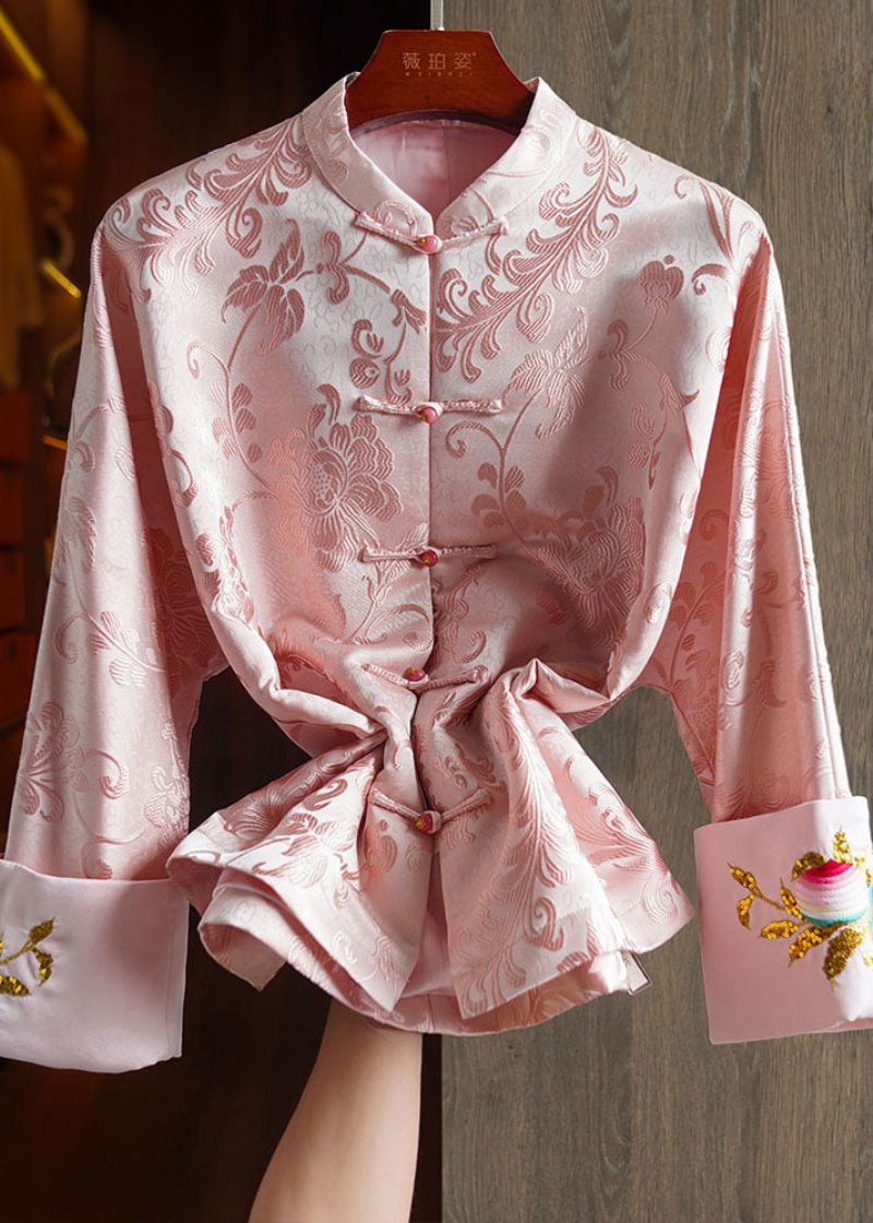 Elegant Pink Stand Krave Broderet Silke Coat Langærmet - Dame vinterfrakker