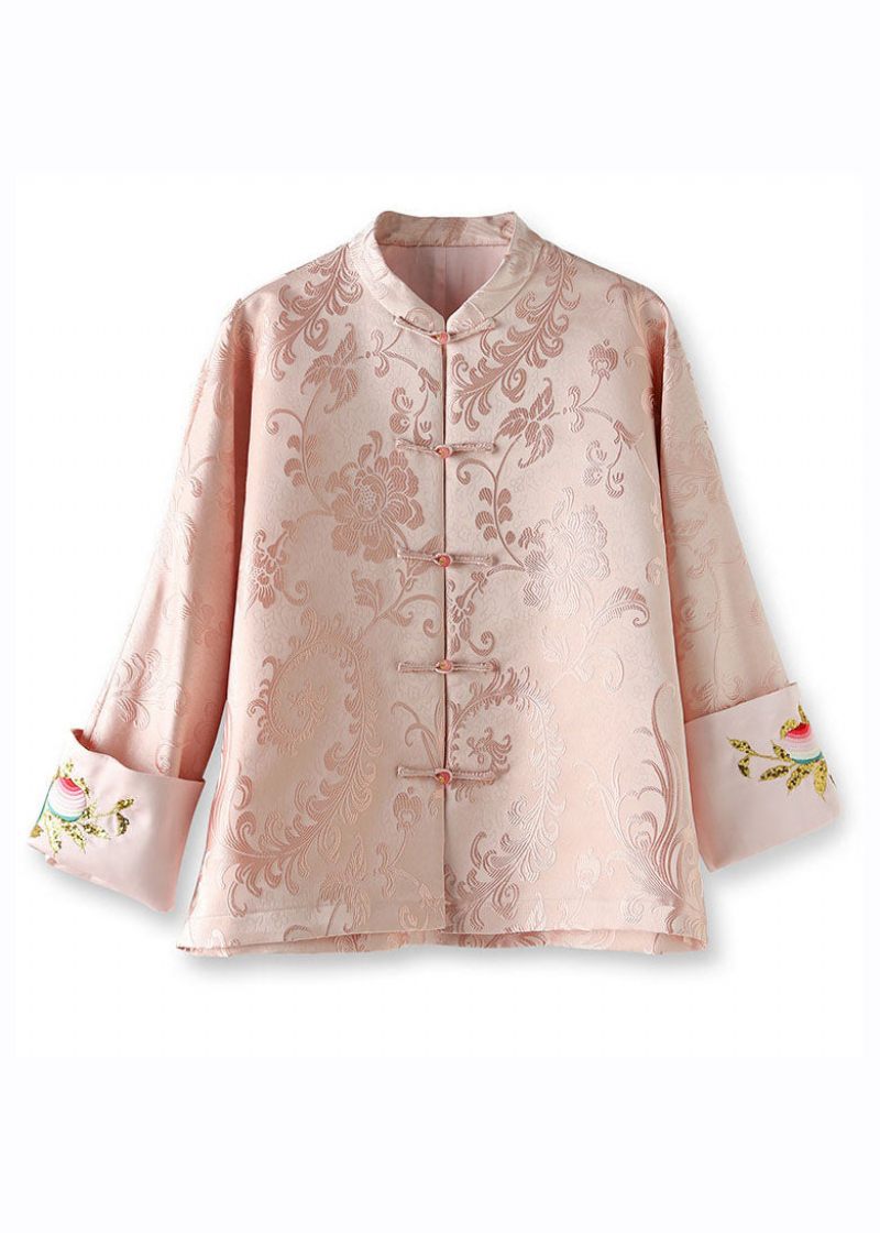 Elegant Pink Stand Krave Broderet Silke Coat Langærmet - Dame vinterfrakker