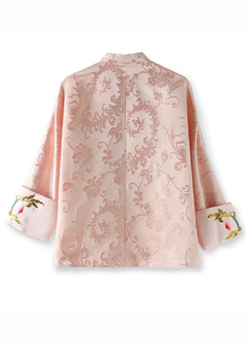 Elegant Pink Stand Krave Broderet Silke Coat Langærmet - Dame vinterfrakker