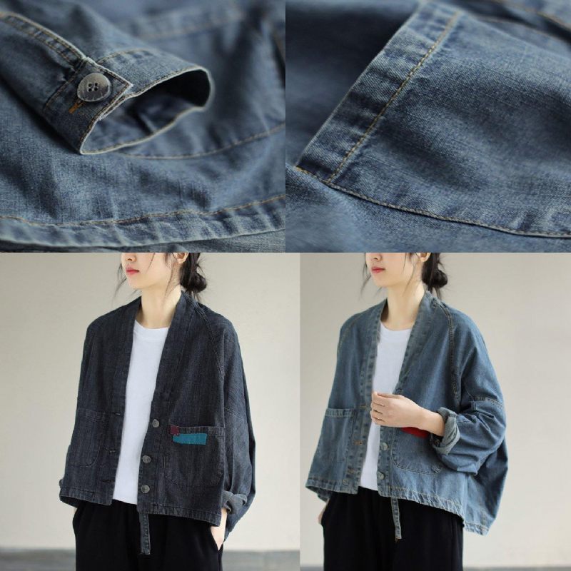 Elegant V-hals Button Down Forårstøj Modeideer Denim Blå Frakker - Blå