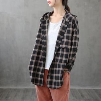 Elegante Sorte Orange Plaid Tunikaer Til Kvinder Revers Button Down Plus Size Tøj Toppe