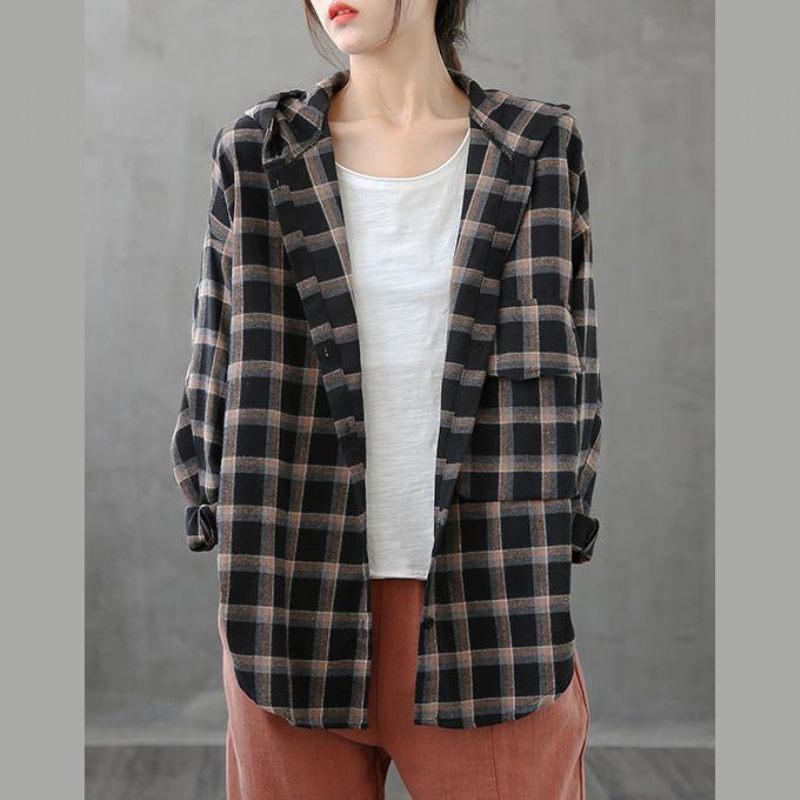 Elegante Sorte Orange Plaid Tunikaer Til Kvinder Revers Button Down Plus Size Tøj Toppe - Sort Orange